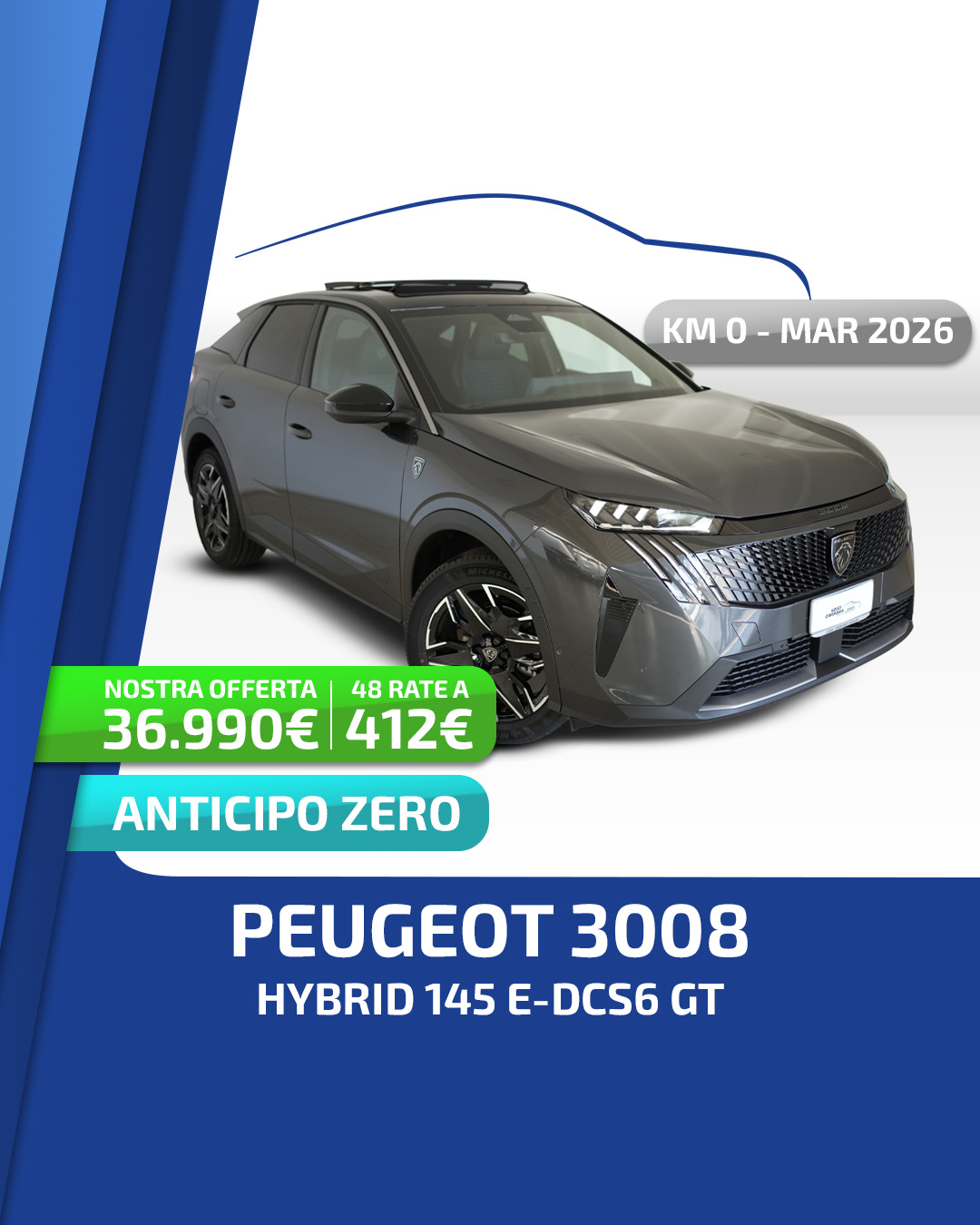 Offerta Peugeot 3008 Hybrid 145 e-DCS6 GT con tetto apribile 360 Vision e Focal - 412€ al mese - Luigi Carfora Group